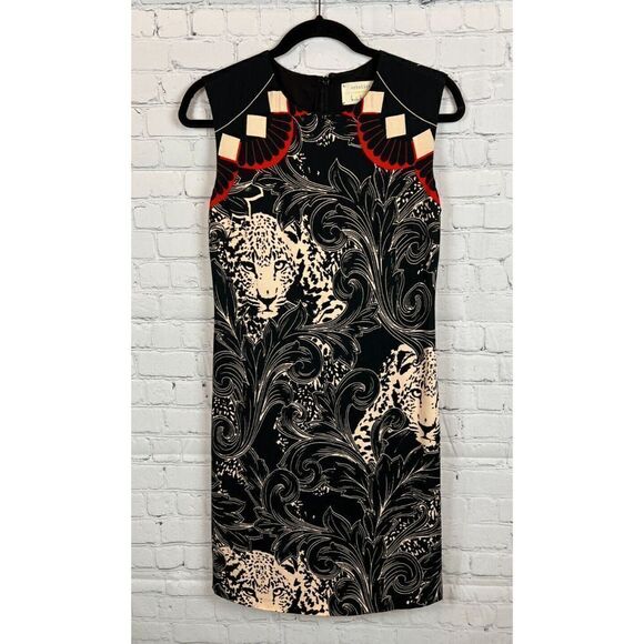 ARTELIER NICOLE MILLER black white red sleeveless sheath animal print dress S - Picture 1 of 8